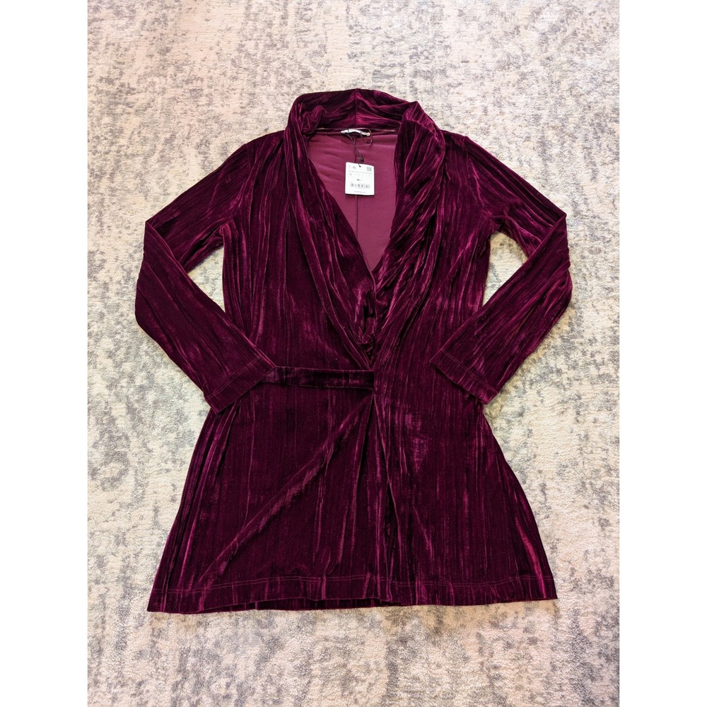 Zara Trafaluc Burgundy Wine Velvet Tie Waist Dress Long Sleeve New Women's Small